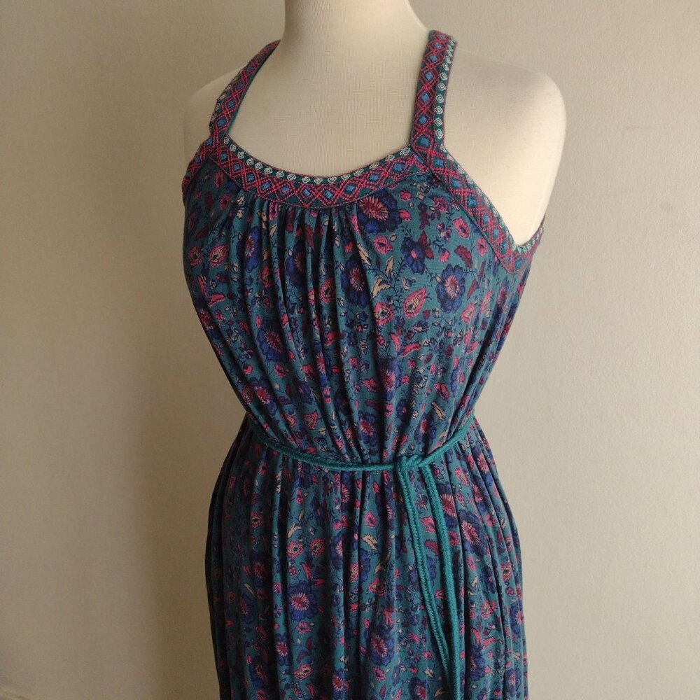 Lucky Brand Teal Floral Dress S Relaxed Knit Boho Jewel Tone Embroidered Maxi - Picture 4 of 12